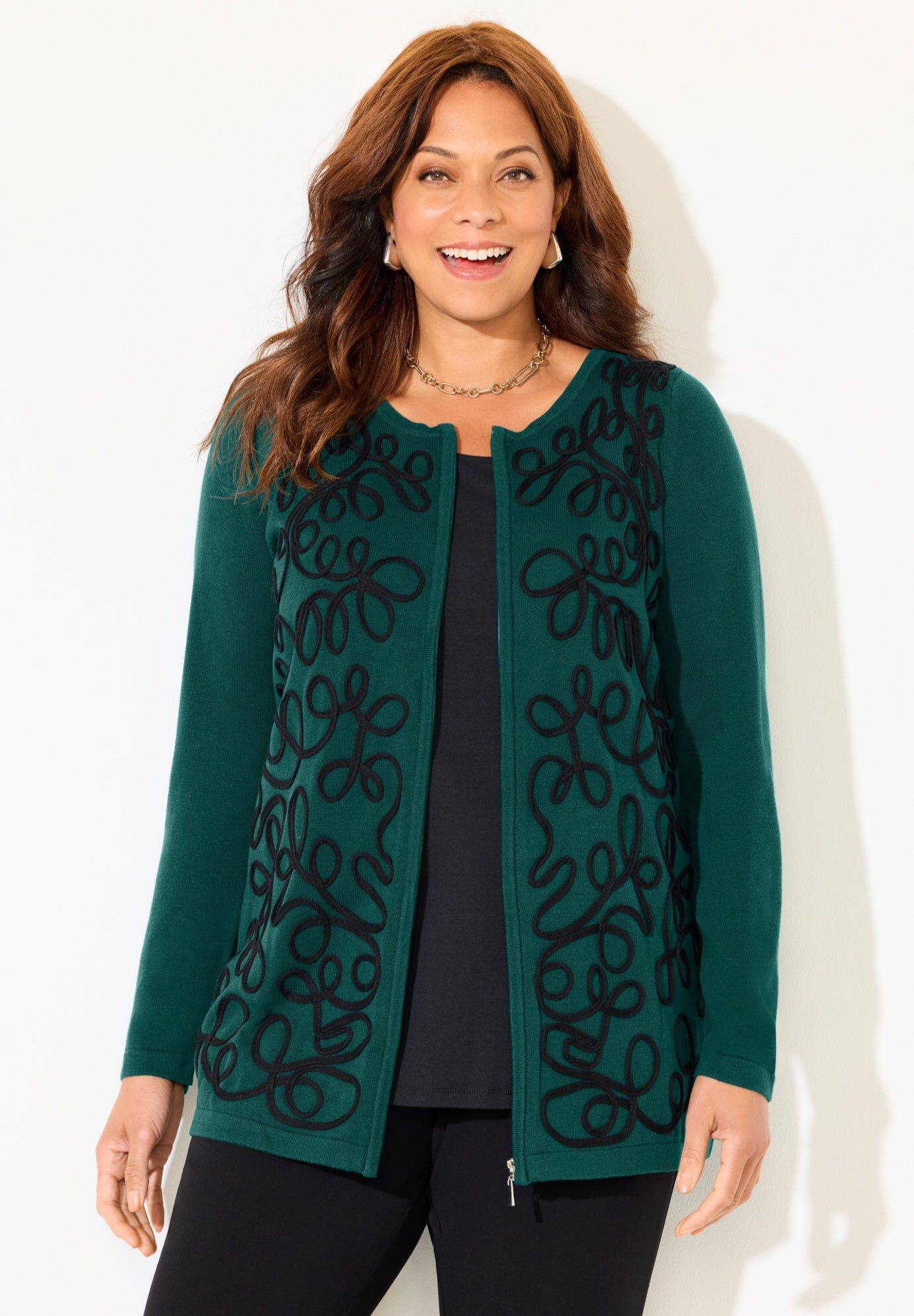 Zip-Front Embroidered Cardigan, EMERALD GREEN SOUTACHE, hi-res image number 0