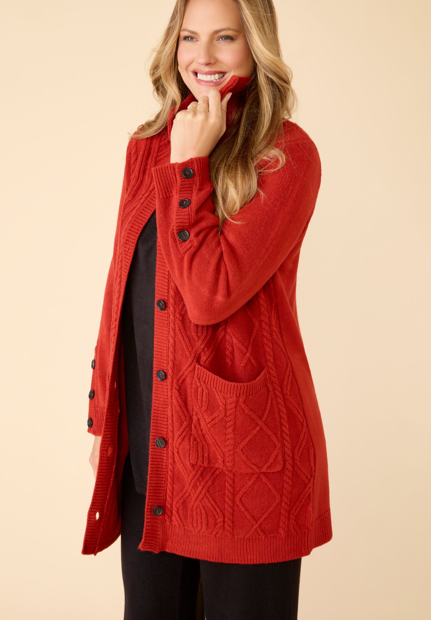 Cashmiracle&trade; Buttonfront Cable Cardigan, RED OCHRE, alternate image number 2