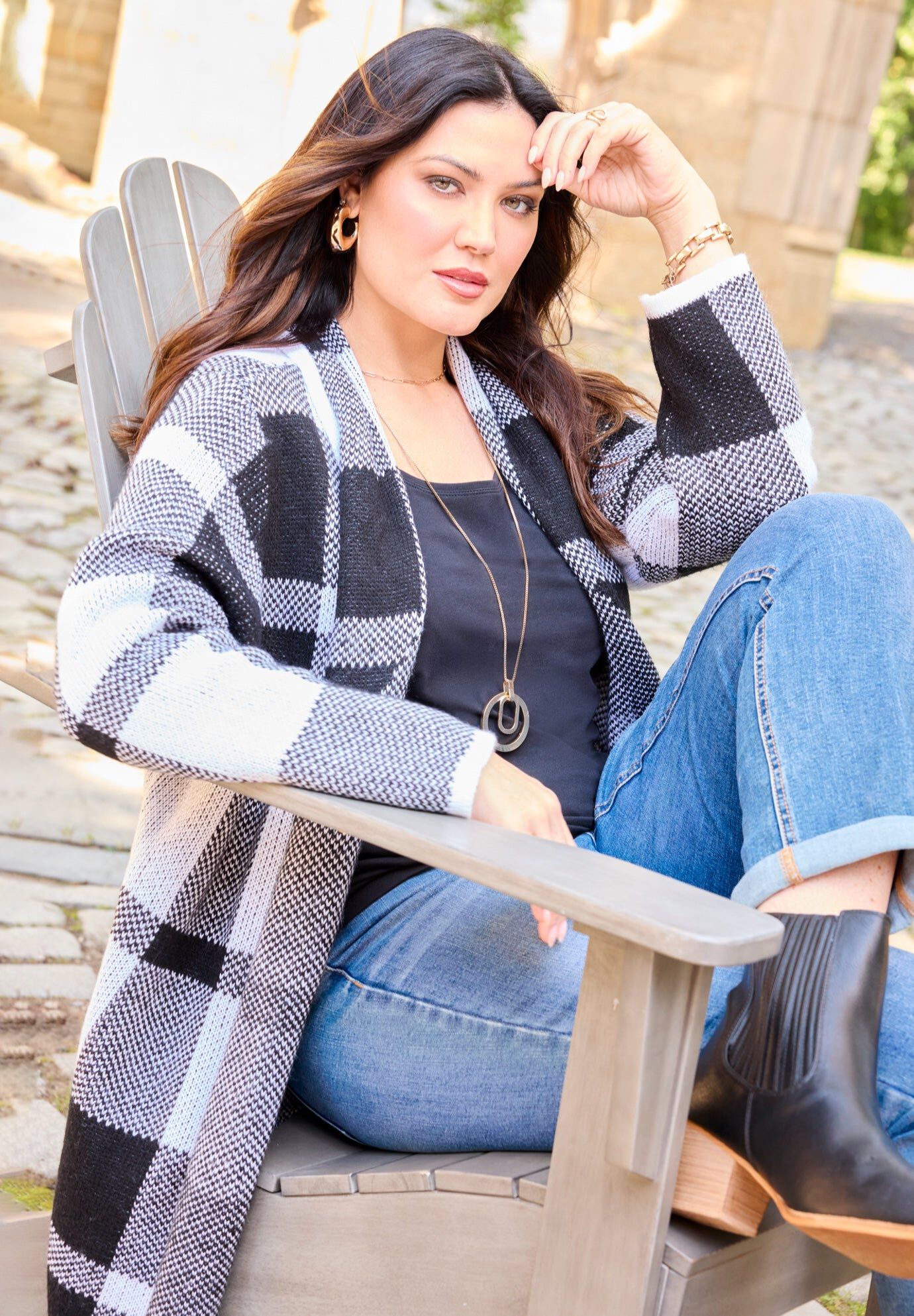 Country Village Sweater Cardigan, BLACK WHITE BUFFALO PLAID, hi-res image number 0