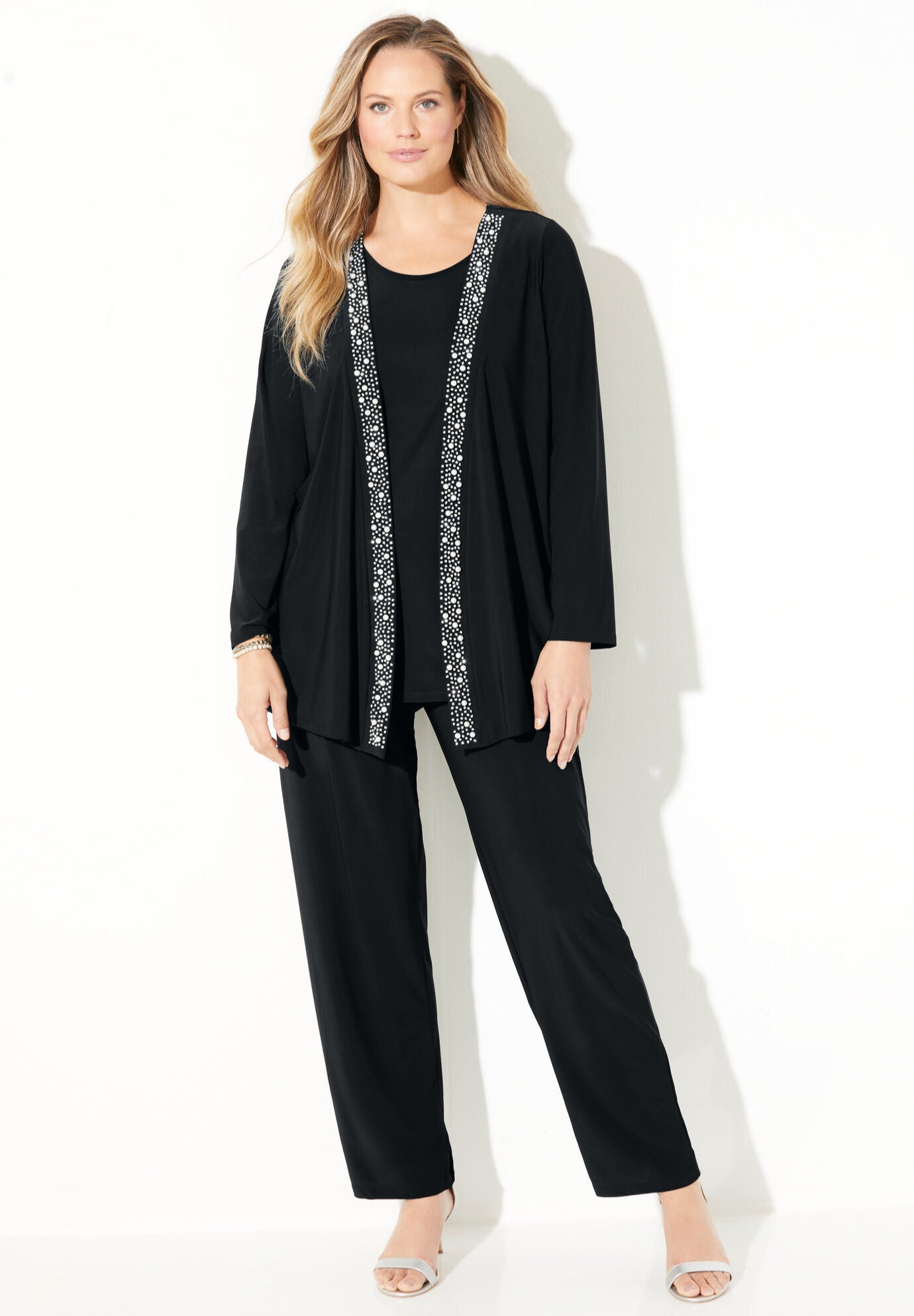 Exclusive Flower Print Long Coat Three Pieces Black Pant Set