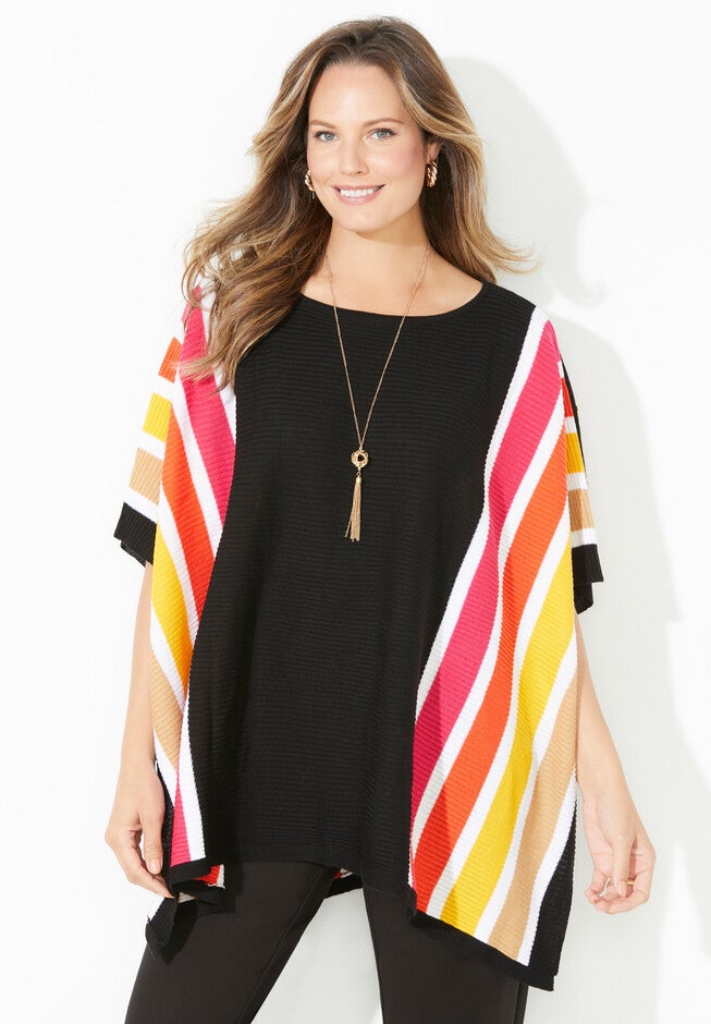 Liz&Me® Rib Striped Poncho, BLACK MULTI STRIPE, hi-res image number null