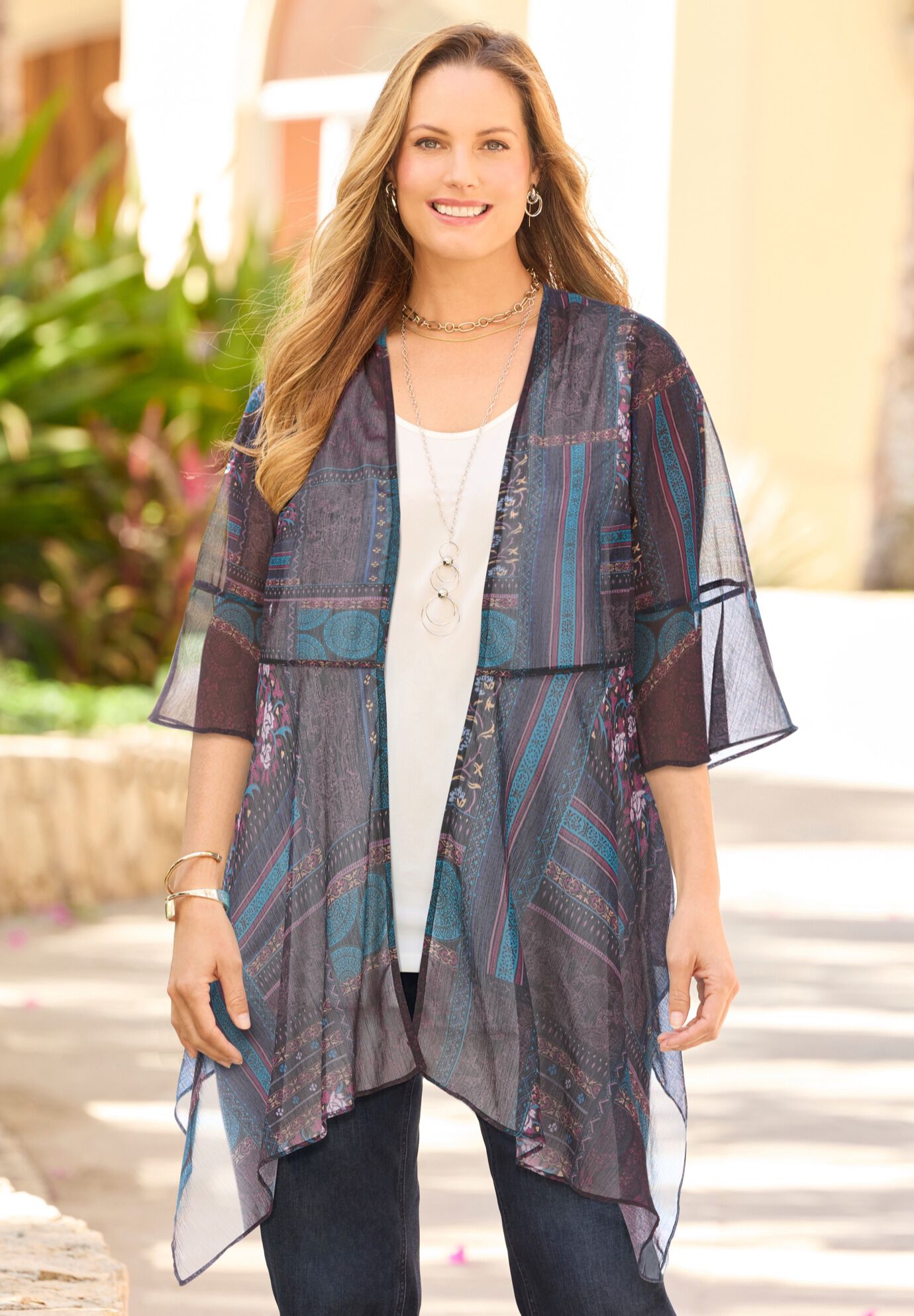 Seasonless Cascade Kimono, TEAL PURPLE PATCHWORK, alternate image number 4