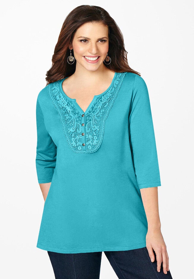 Crochet Placket Tee, AQUA BLUE, hi-res image number 0