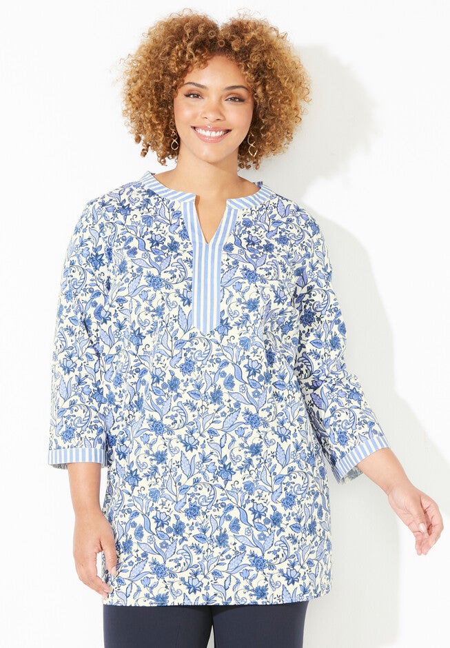 Liz&Me® Mixed Print Colorblock Tunic, IVORY FLORAL STRIPE, hi-res image number null
