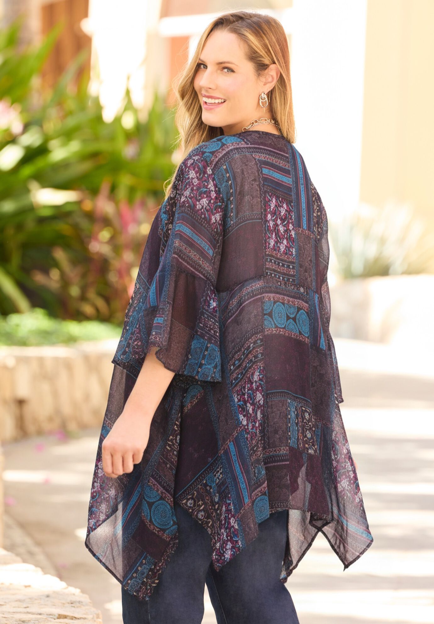 Seasonless Cascade Kimono, TEAL PURPLE PATCHWORK, alternate image number 3