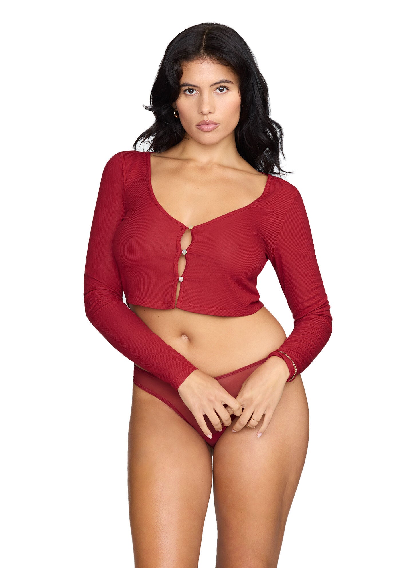The Cropped Cardigan - Modal Silk Rib, SCARLET, alternate image number 2