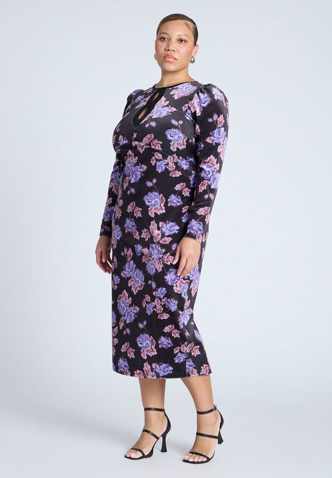 Printed Velvet Midi Dress, FLORAL PRINT, hi-res image number null