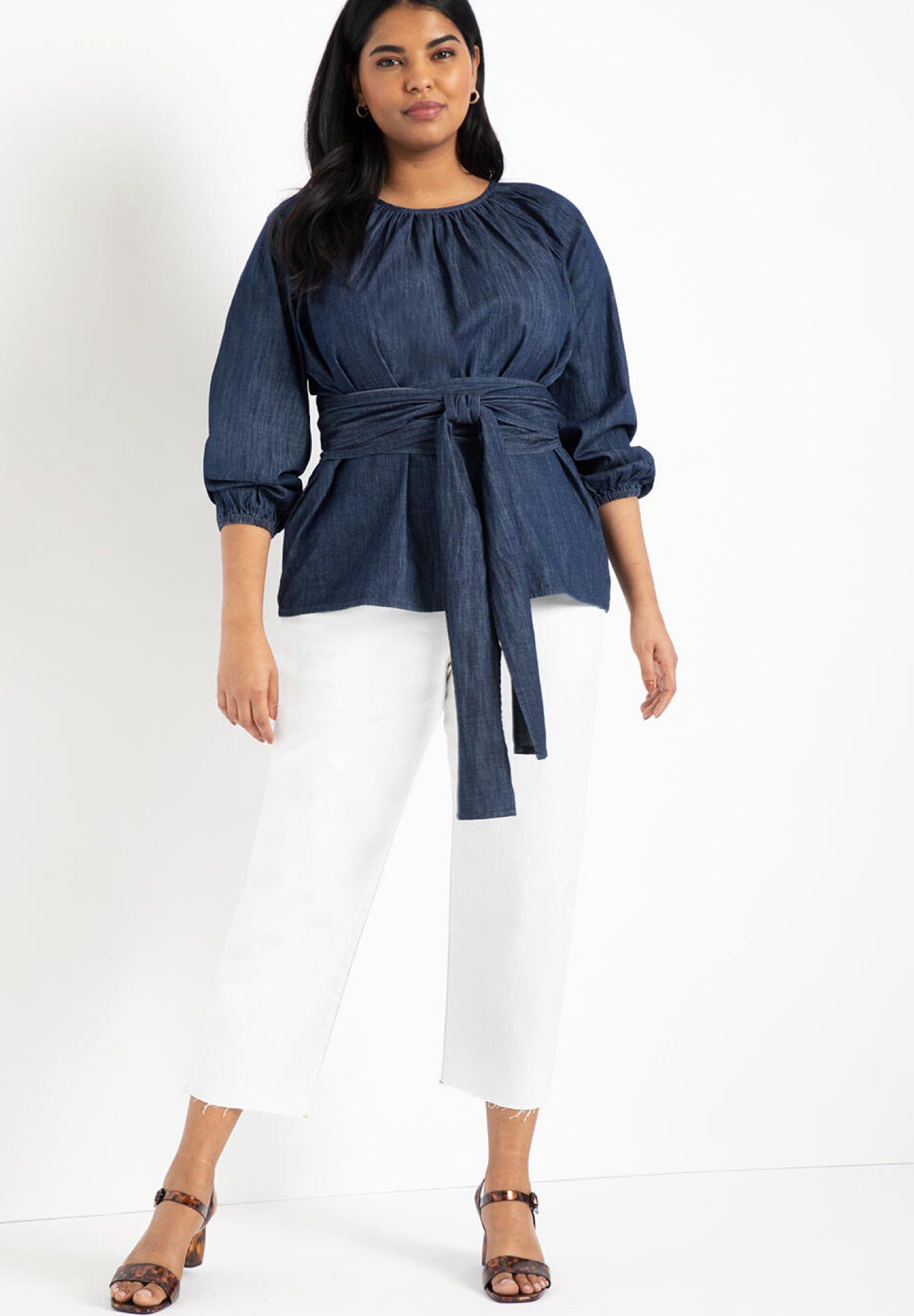 Dramatic Faux Wrap Top, DARK WASH, hi-res image number 0