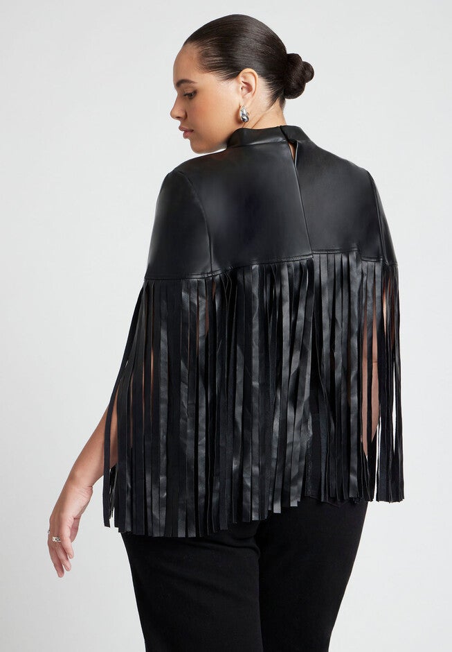 Faux Leather Fringe Cape, BLACK ONYX, on-hover image number null