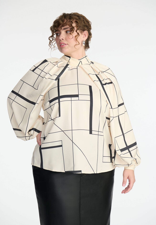 Draped Sleeve Printed Top, GEOMETRIC LINES, hi-res image number null