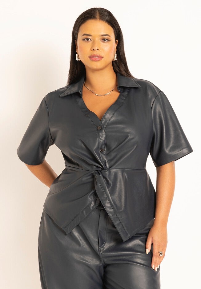 Faux Leather Short Sleeve Twist Top, BLUEBERRY, hi-res image number null
