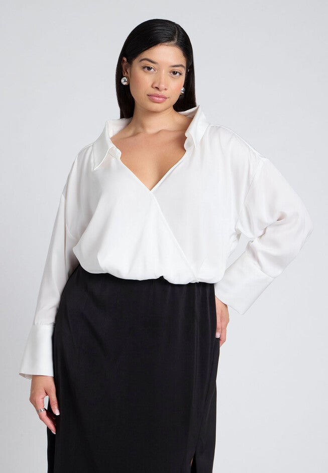 Collared Satin Column Dress, BLACK AND CREAM, alternate image number null