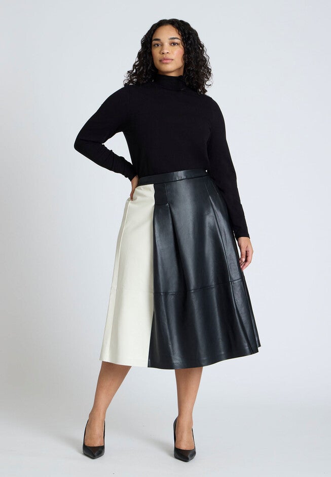 Colorblocked Faux Leather Full Midi Skirt, BLACK ONYX AND SUGAR SWIZZLE, hi-res image number null