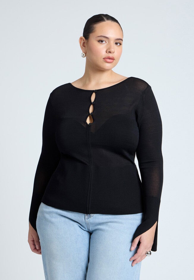 Button Detail Boatneck Sweater, BLACK, hi-res image number null