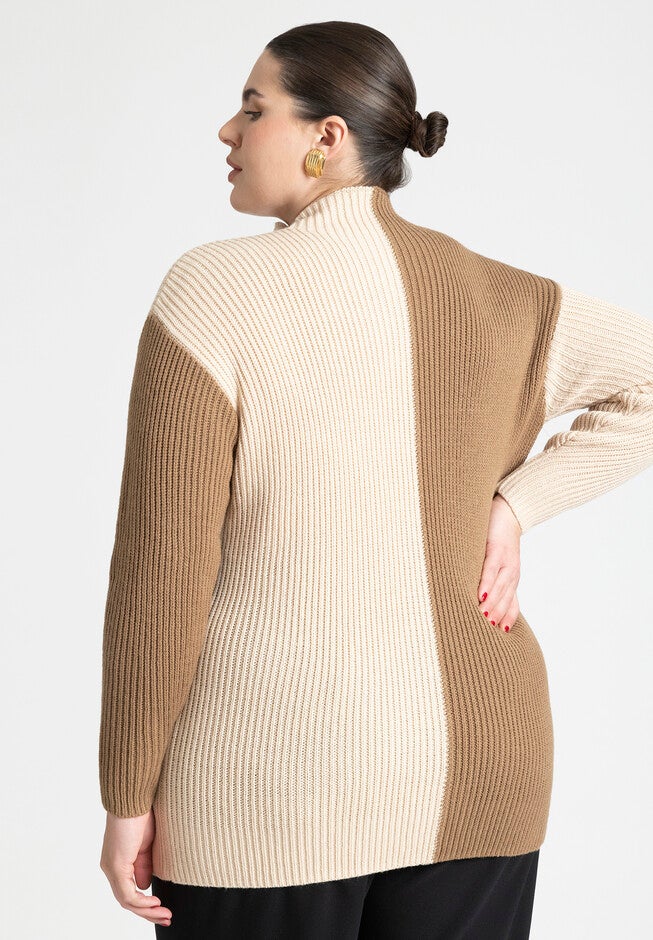 Mock Neck Colorblock Sweater, SMOKE GRAY COCA MOCH, on-hover image number null