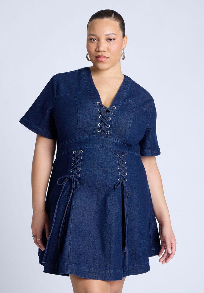 Lace Up Denim Mini Dress, DARK WASH, alternate image number null
