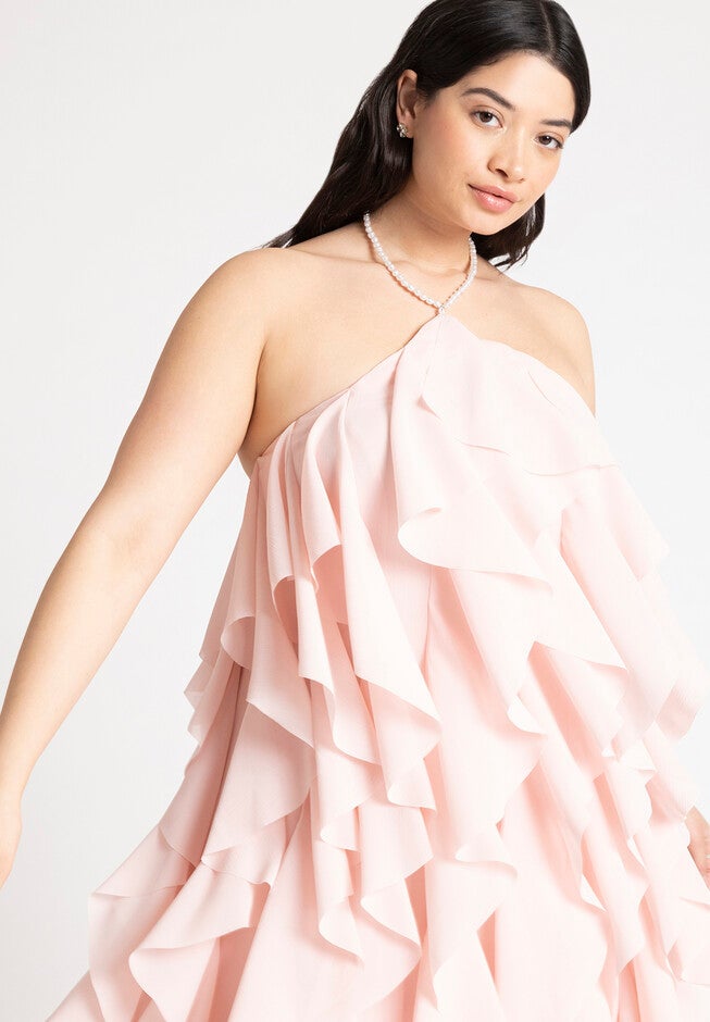 Ruffle Halter Neck Mini Dress, LIGHT PINK, alternate image number null
