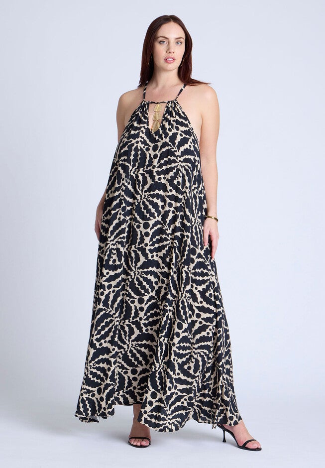Hardware Detail Trapeze Maxi Dress, CRINKLE CUT FAUNA, on-hover image number null