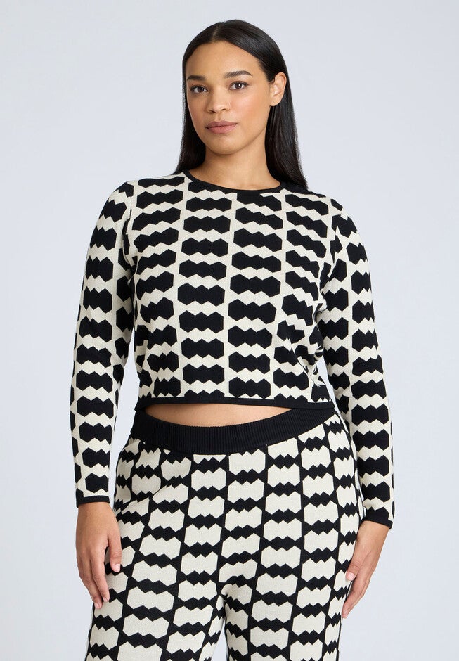 Cropped Sweater With Pattern, WHITE GEO CRUNCH, hi-res image number null