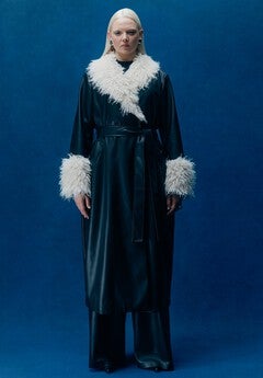 Faux Leather Coat With Fur Trim