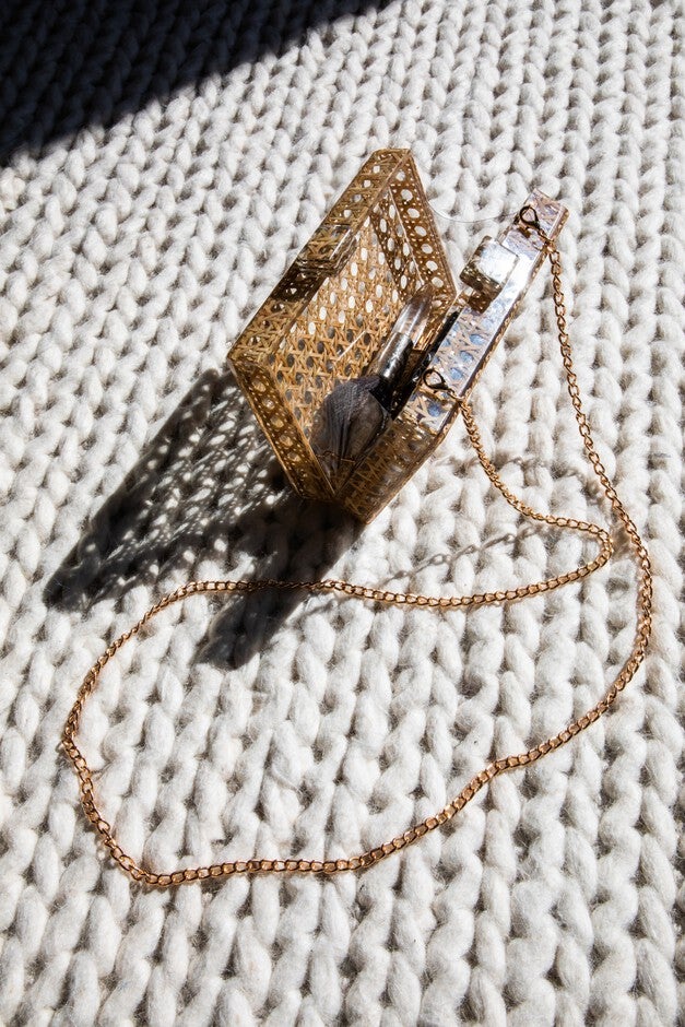 Cane Rattan Acrylic Clutch, BROWN, alternate image number 3