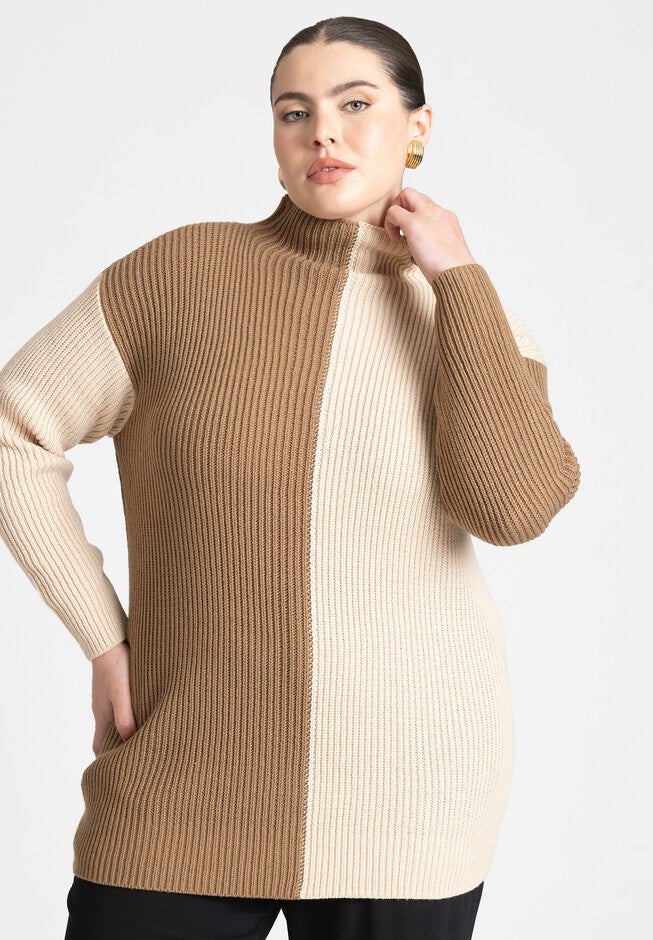 Mock Neck Colorblock Sweater, SMOKE GRAY COCA MOCH, hi-res image number null