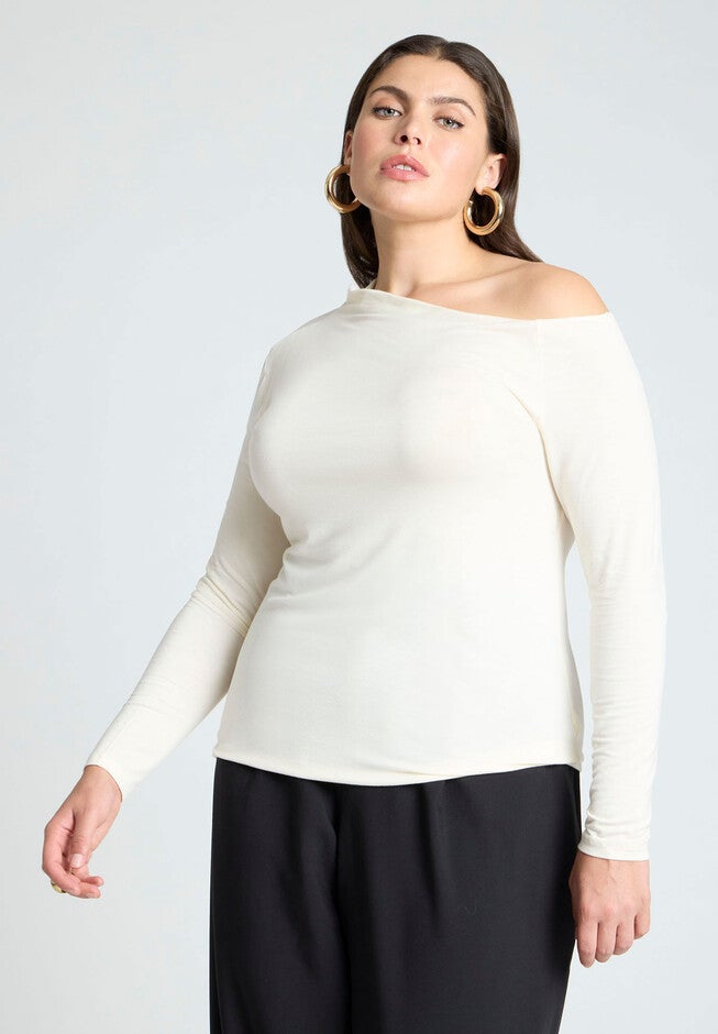 Asymmetrical Neck Drape Top, CREAM, hi-res image number null