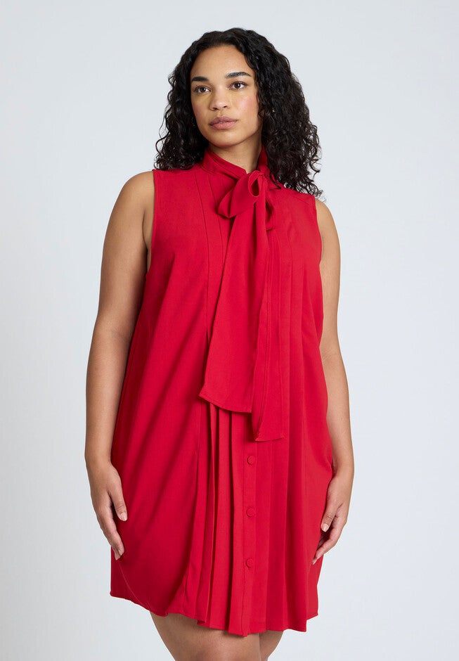 Pleated Bow Neck Mini Dress, SAVVY RED, alternate image number null