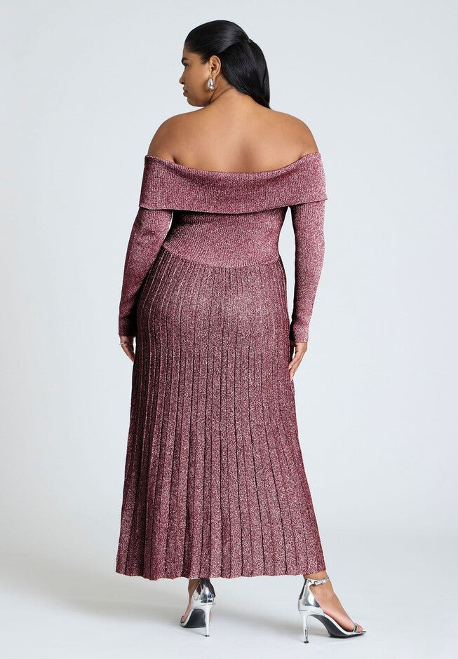 Lurex Off Shoulder Dress, BURGUNDY LUREX, on-hover image number null