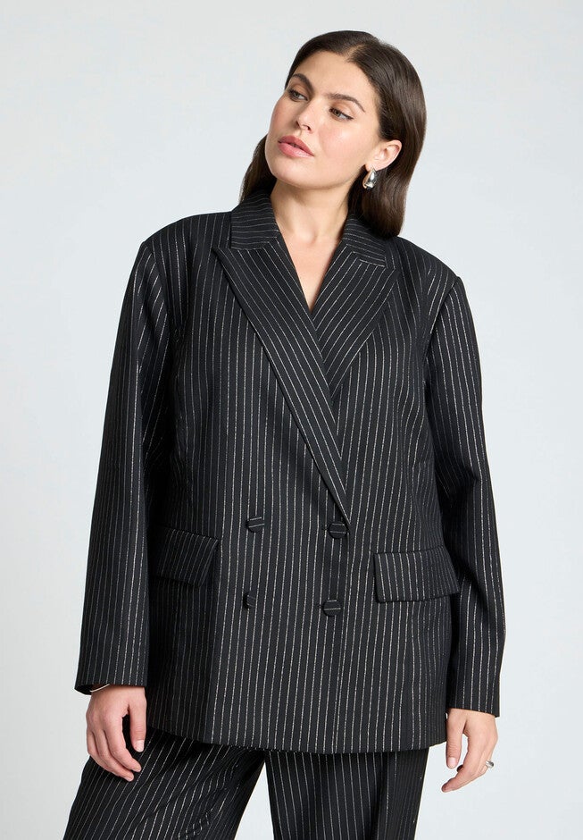 Shiny Pinstripe Blazer, BLACK AND SILVER, hi-res image number null