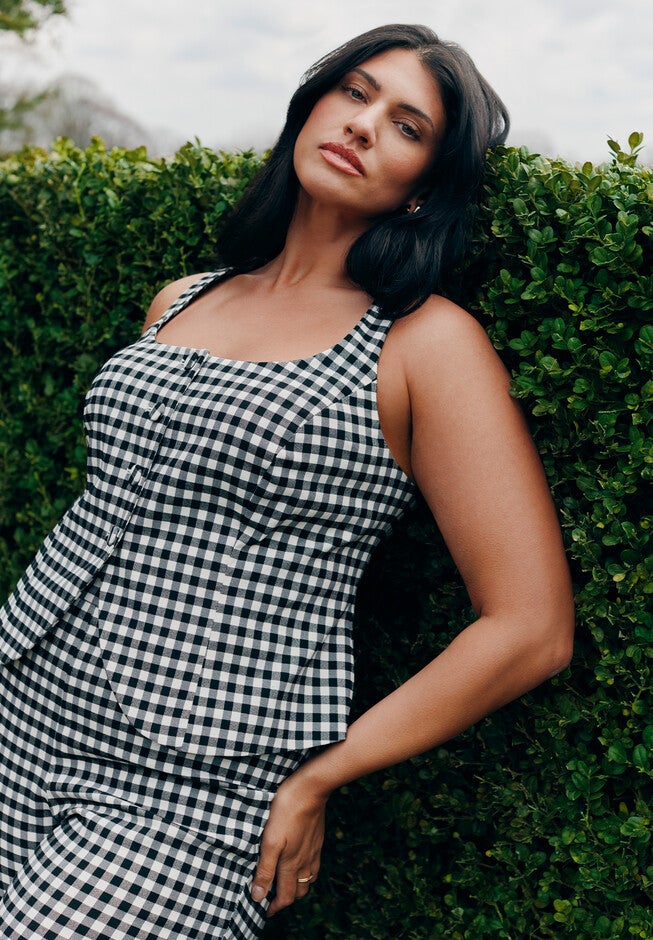 Gingham Square Neck Vest, BLACK WHITE GINGHAM, alternate image number null
