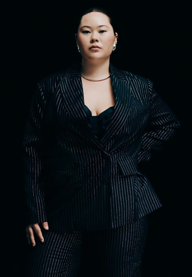 Shiny Pinstripe Blazer, BLACK AND SILVER, alternate image number null