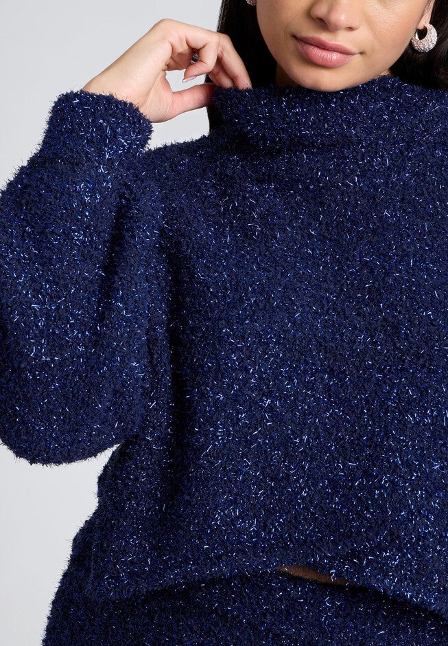 Overlap Front Lurex Sweater, NAVY, alternate image number null
