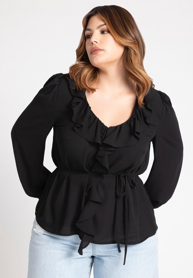 Ruffle Detail V Neck Blouse, BLACK ONYX, hi-res image number null