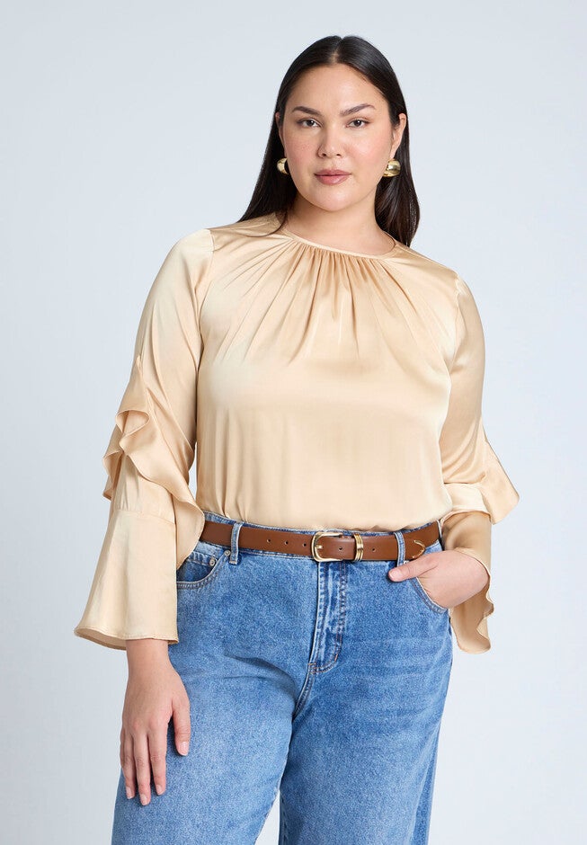 Sleeve Flounce Crewneck Blouse, CHAMPAGNE, hi-res image number null