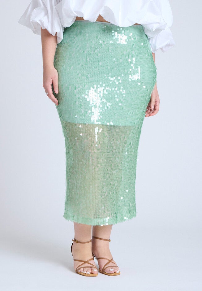 Semi Sheer Sequin Midi Skirt , SUBTLE GREEN, alternate image number null