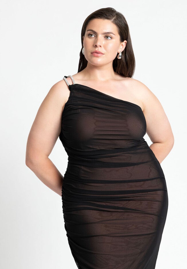 One Shoulder Mesh Overlay Dress, BLACK NUDE, alternate image number null