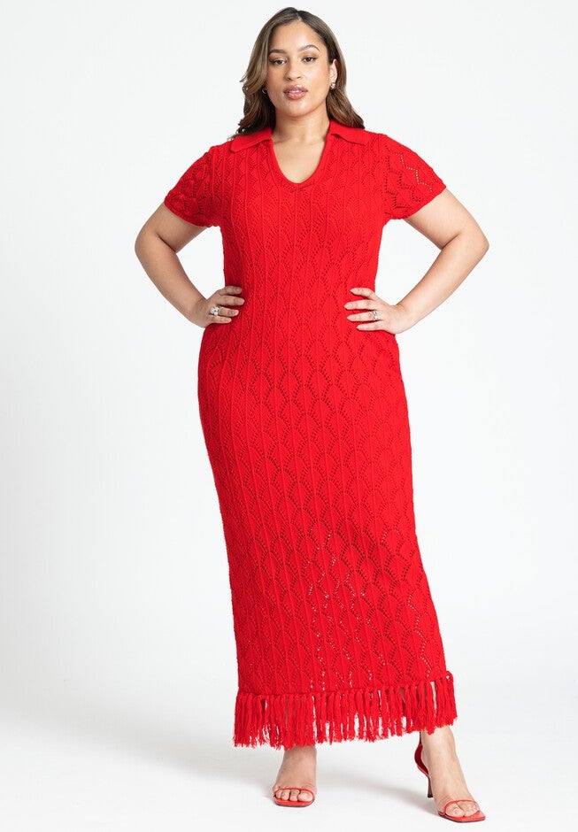 Crochet Maxi Dress With Collar & Fringe, HOT RED, hi-res image number null