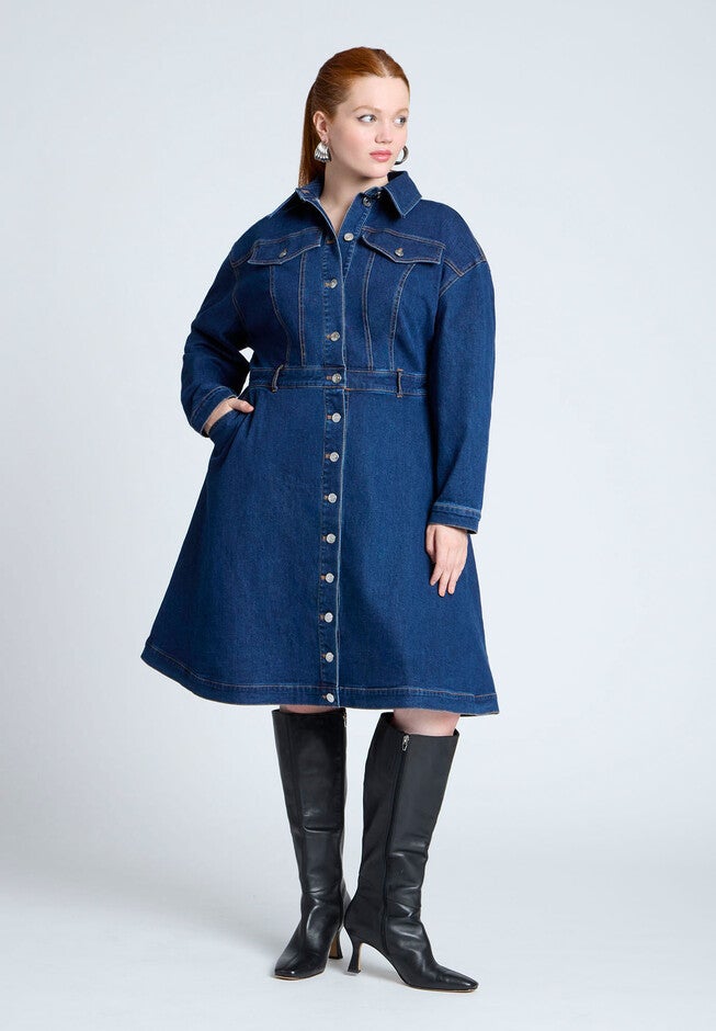 Denim Fit And Flare Shirt Dress, INDIGO RINSE, hi-res image number null