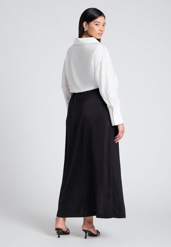 Collared Satin Column Dress, BLACK AND CREAM, on-hover image number null