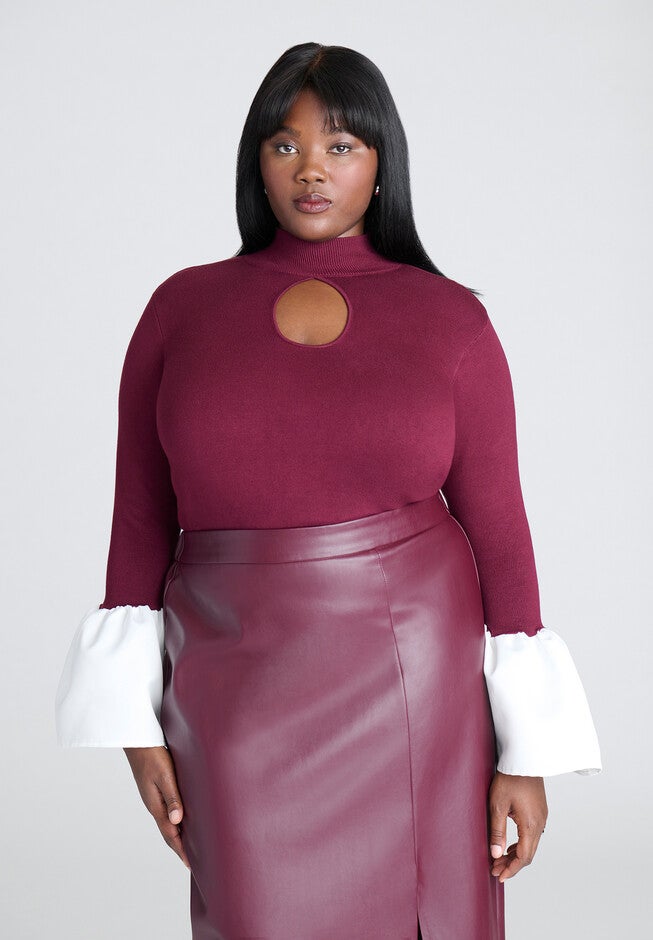 Bell Sleeve Sweater With Keyhole, MAROON BANNER, hi-res image number null