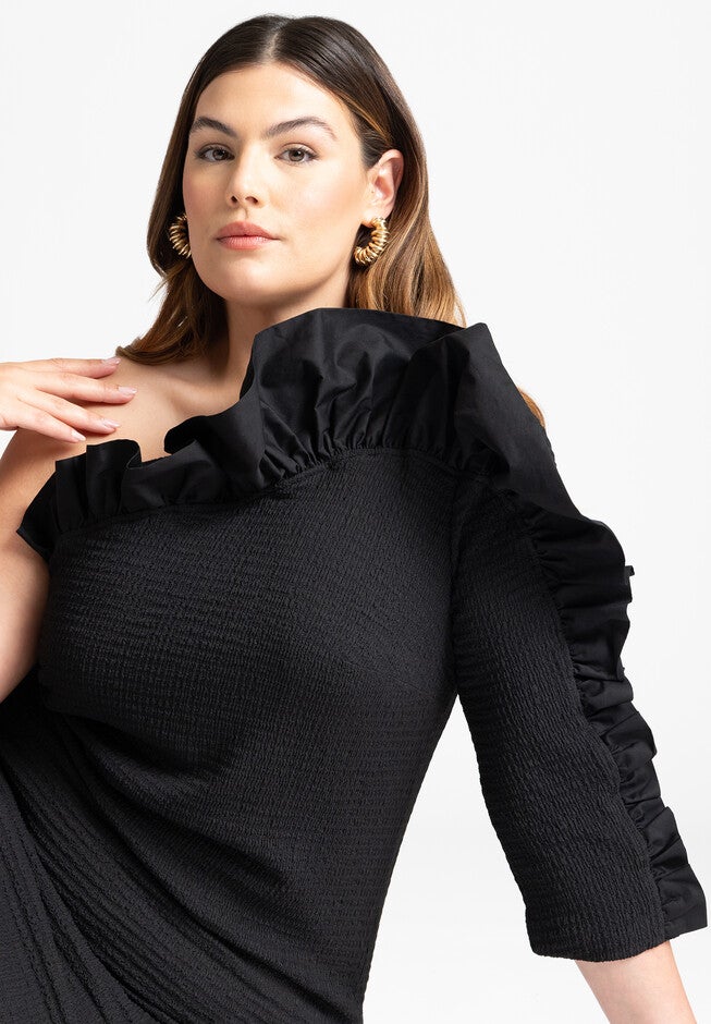 Popcorn Ruffle Column Dress, BLACK ONYX, alternate image number null