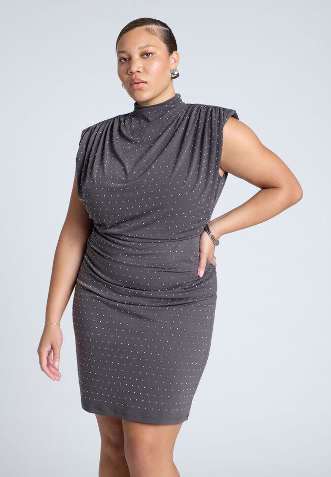 Draped Neck Rhinestone Mini Dress, SILVER, alternate image number null