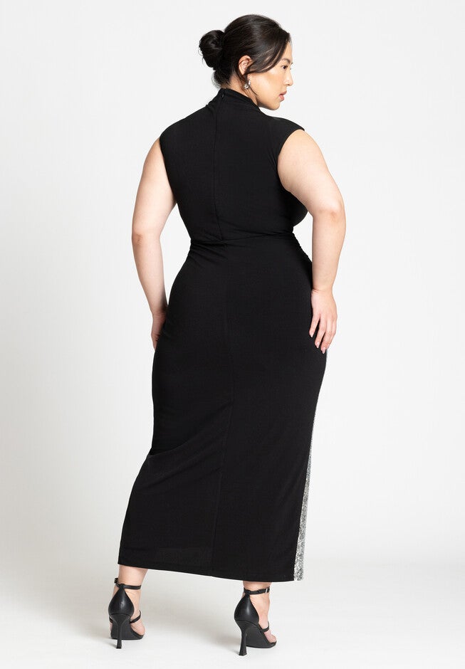 Funnel Neck Knit Dress With Sequin, BLACK ONYX, alternate image number null