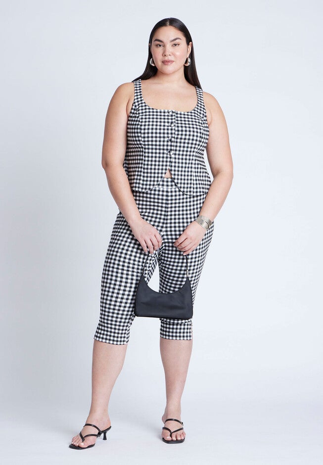 Gingham Square Neck Vest, BLACK WHITE GINGHAM, alternate image number null