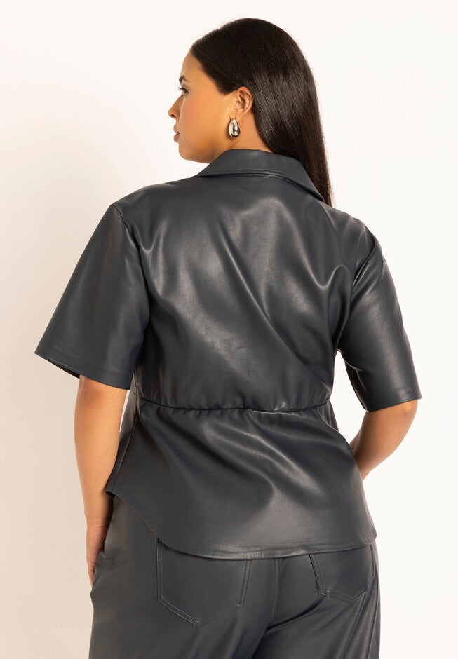 Faux Leather Short Sleeve Twist Top, , on-hover image number null