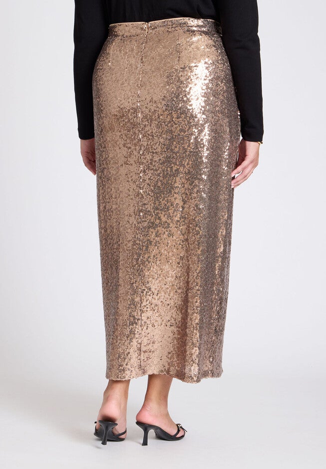 Sequin Shimmer Maxi Skirt With Slit, BRONZE, alternate image number null