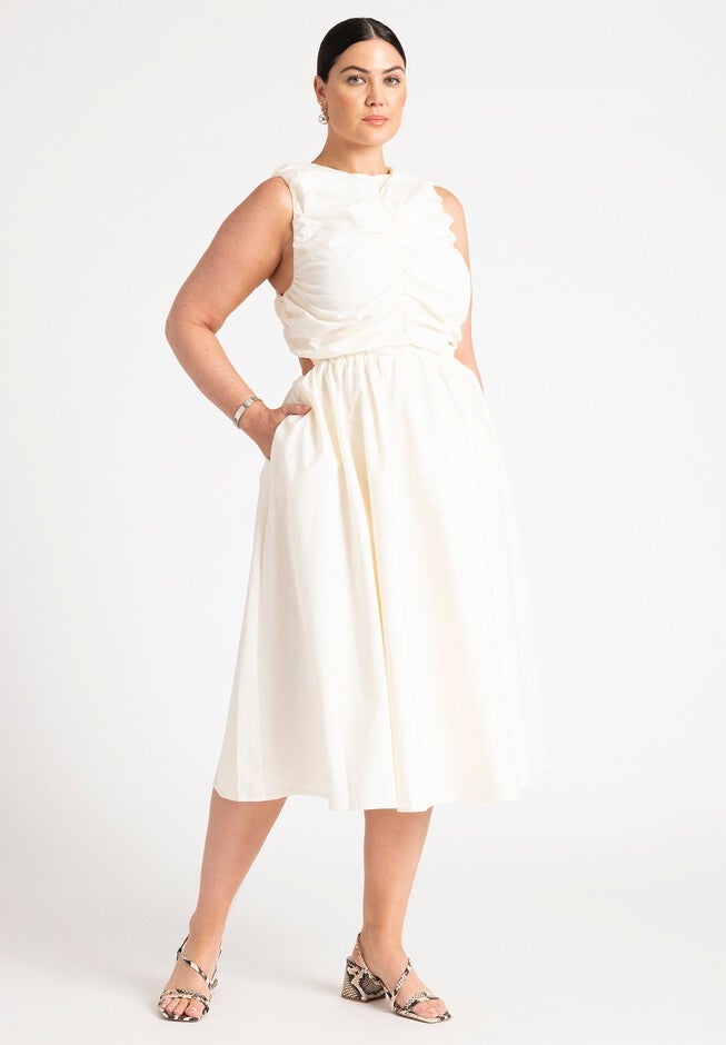 Shirred Bodice Midi Dress, PEARL, hi-res image number null