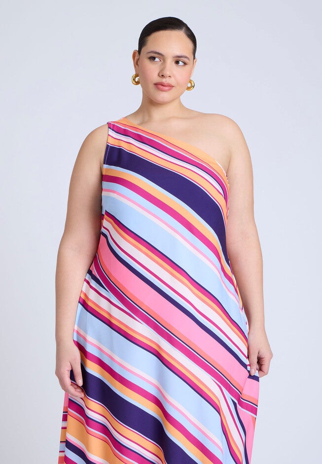 One Shoulder Multi Color Dress , TOPAZ STRIPE, alternate image number null