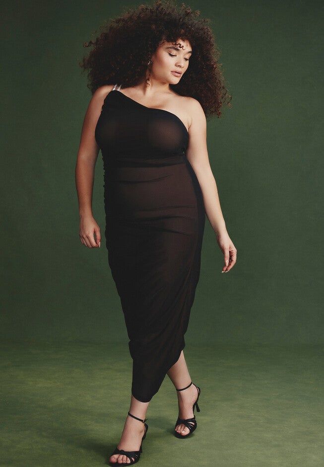 One Shoulder Mesh Overlay Dress, BLACK NUDE, hi-res image number null